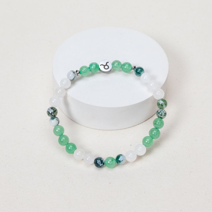 Bracelet Taureau - Aventurine Verte, Jade Blanc, Agate Arbre